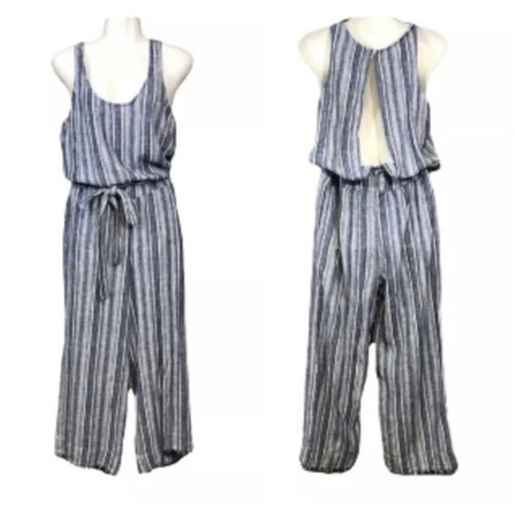 Clothe & Stone by Anthropologie Linen Striped Jumpsuit Open Back Gray Size M - Picture 2 of 13